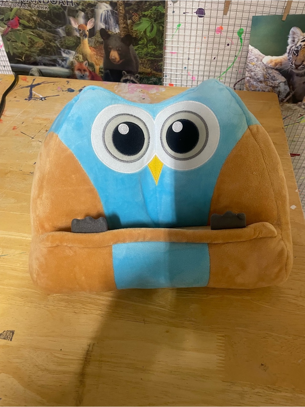 Blue and Brown Plush Owl Tablet Stand